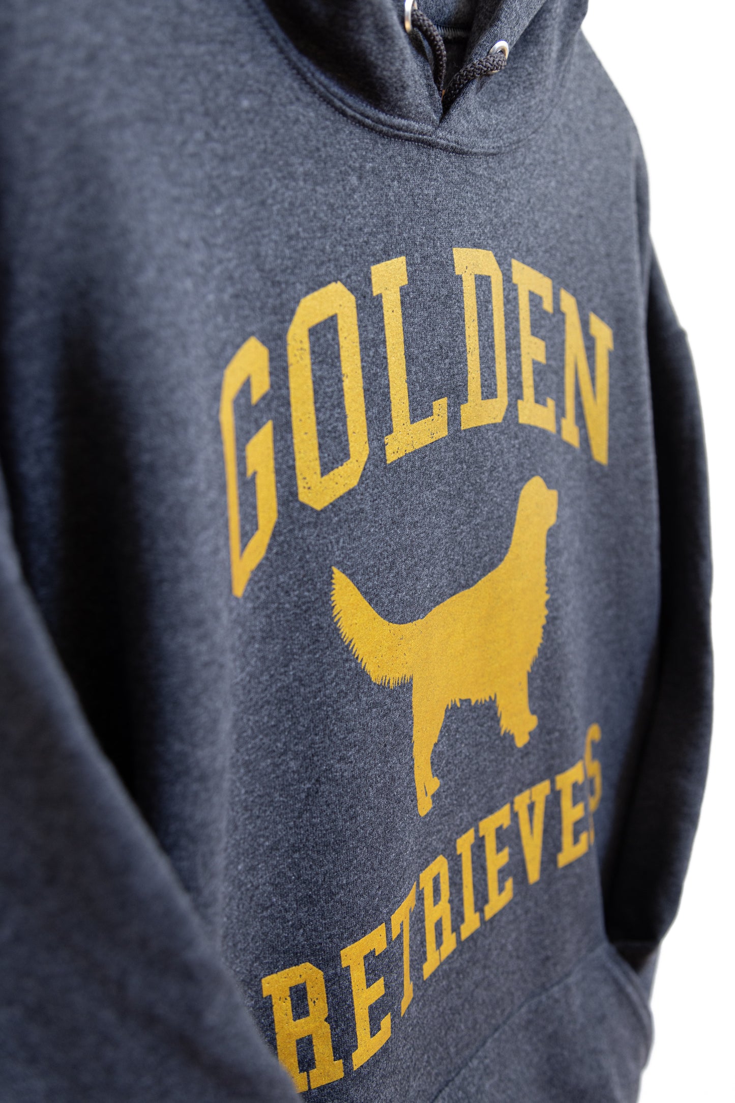 Golden Retrievers Collegiate Hoodie, Dark Heather Gray with Distressed Gold Print