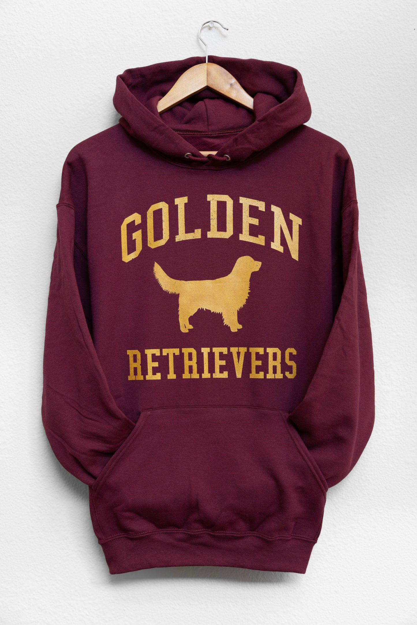 Golden Retrievers Collegiate Hoodie, Burgundy with Distressed Gold Print