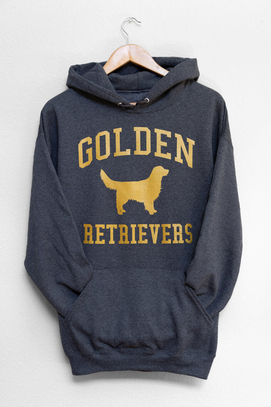 Golden Retrievers Collegiate Hoodie, Dark Heather Gray with Distressed Gold Print