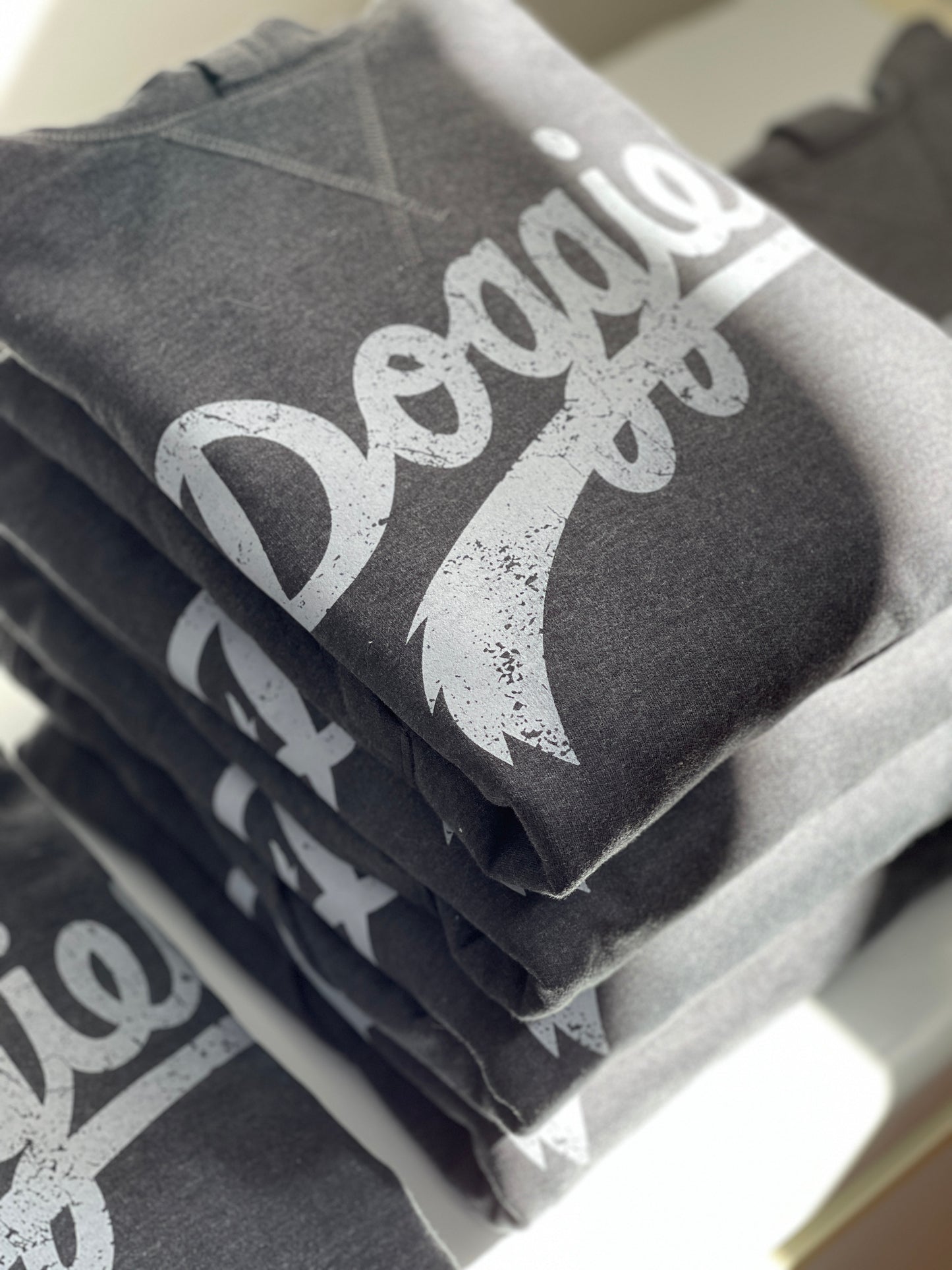 Doggies Script Hoodie, Dark Heather Gray with Distressed Gray Print