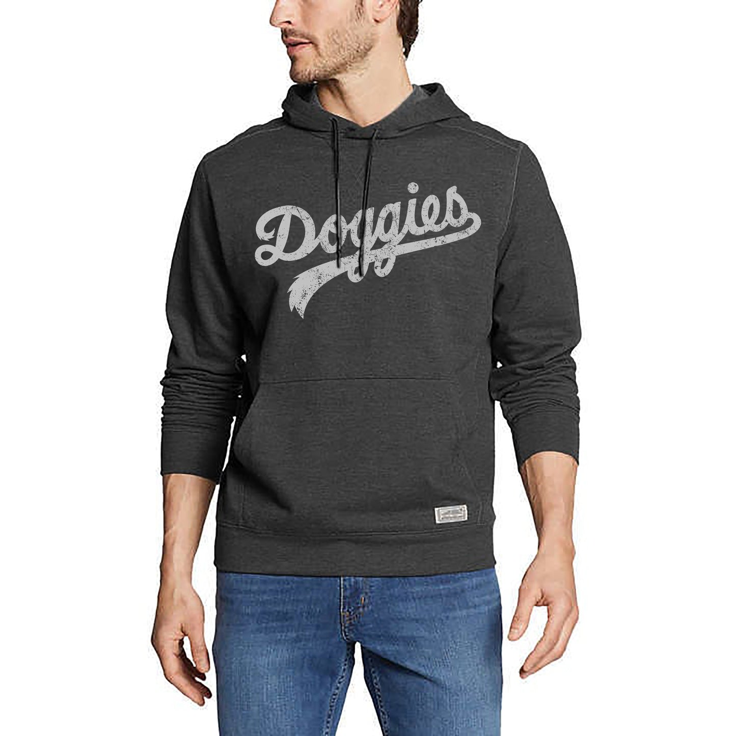 Doggies Script Hoodie, Dark Heather Gray with Distressed Gray Print