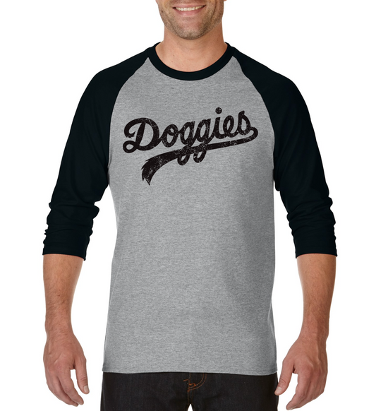 Doggies Baseball Style T-Shirt, Heather Gray with Distressed Black Lettering