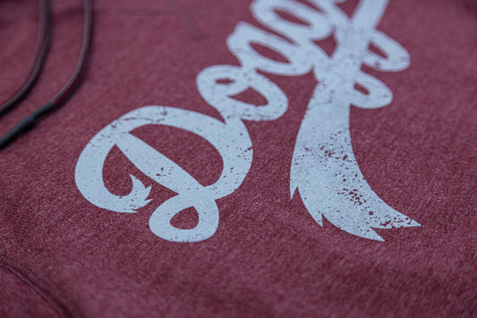 Doggies Script Hoodie, Heather Burgundy with Distressed Gray Print