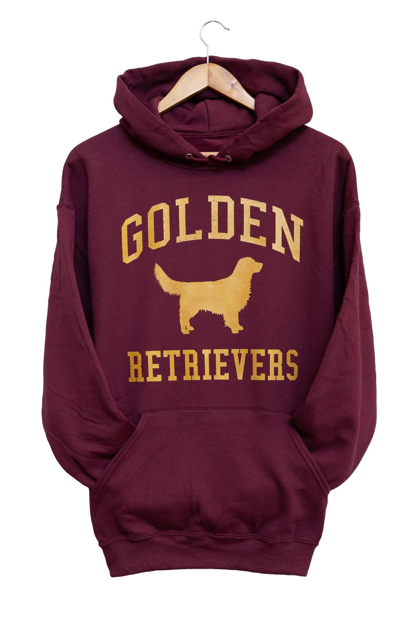 Golden Retrievers Collegiate Hoodie, Burgundy with Distressed Gold Print