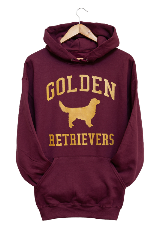 Golden Retrievers Collegiate Hoodie, Burgundy with Distressed Gold Print