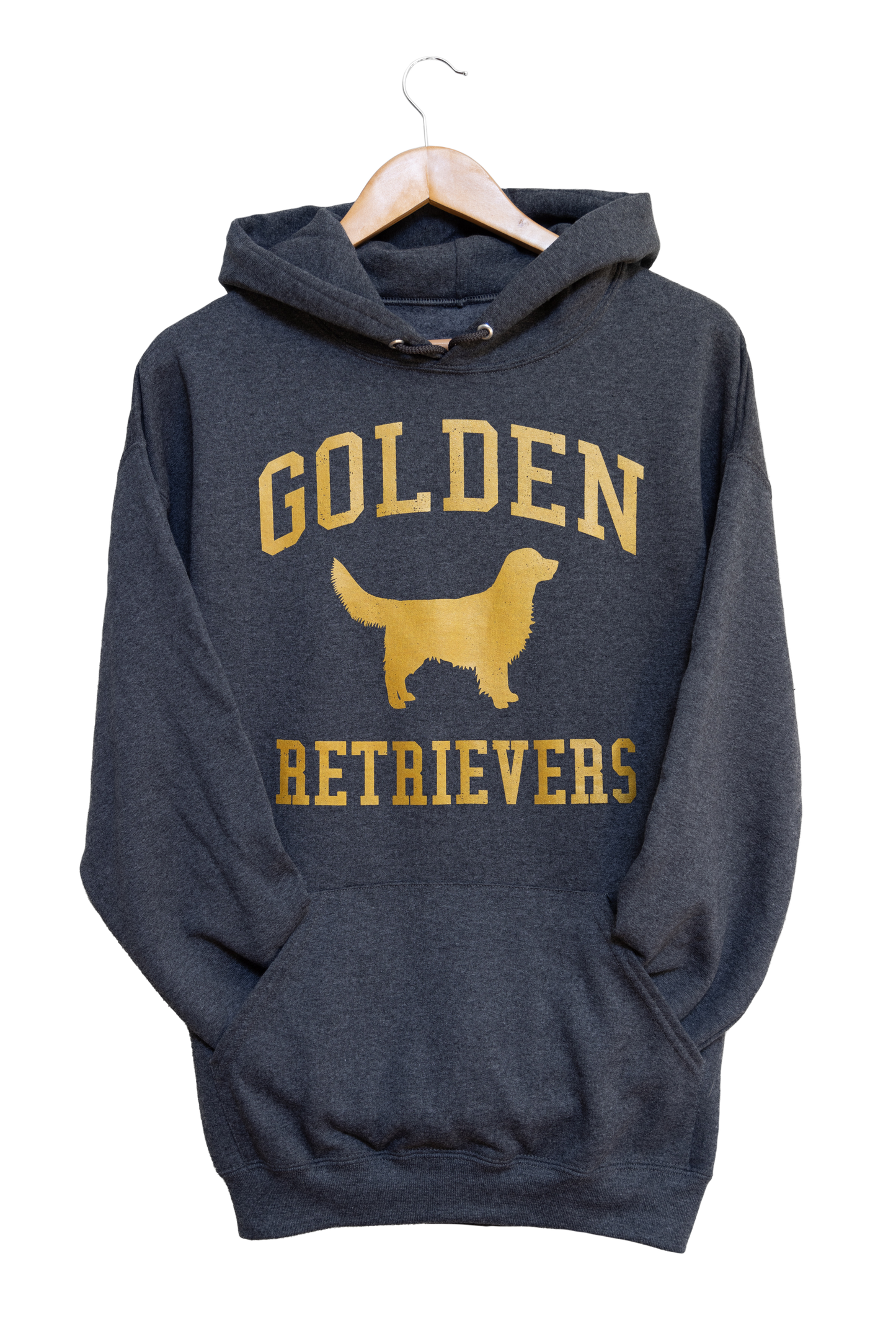 Golden Retrievers Collegiate Hoodie, Dark Heather Gray with Distressed Gold Print