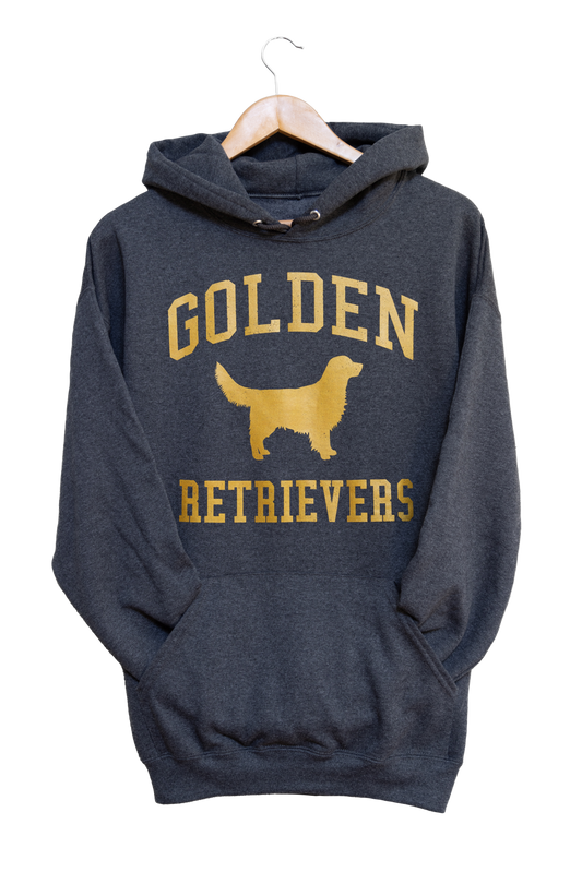 Golden Retrievers Collegiate Hoodie, Dark Heather Gray with Distressed Gold Print