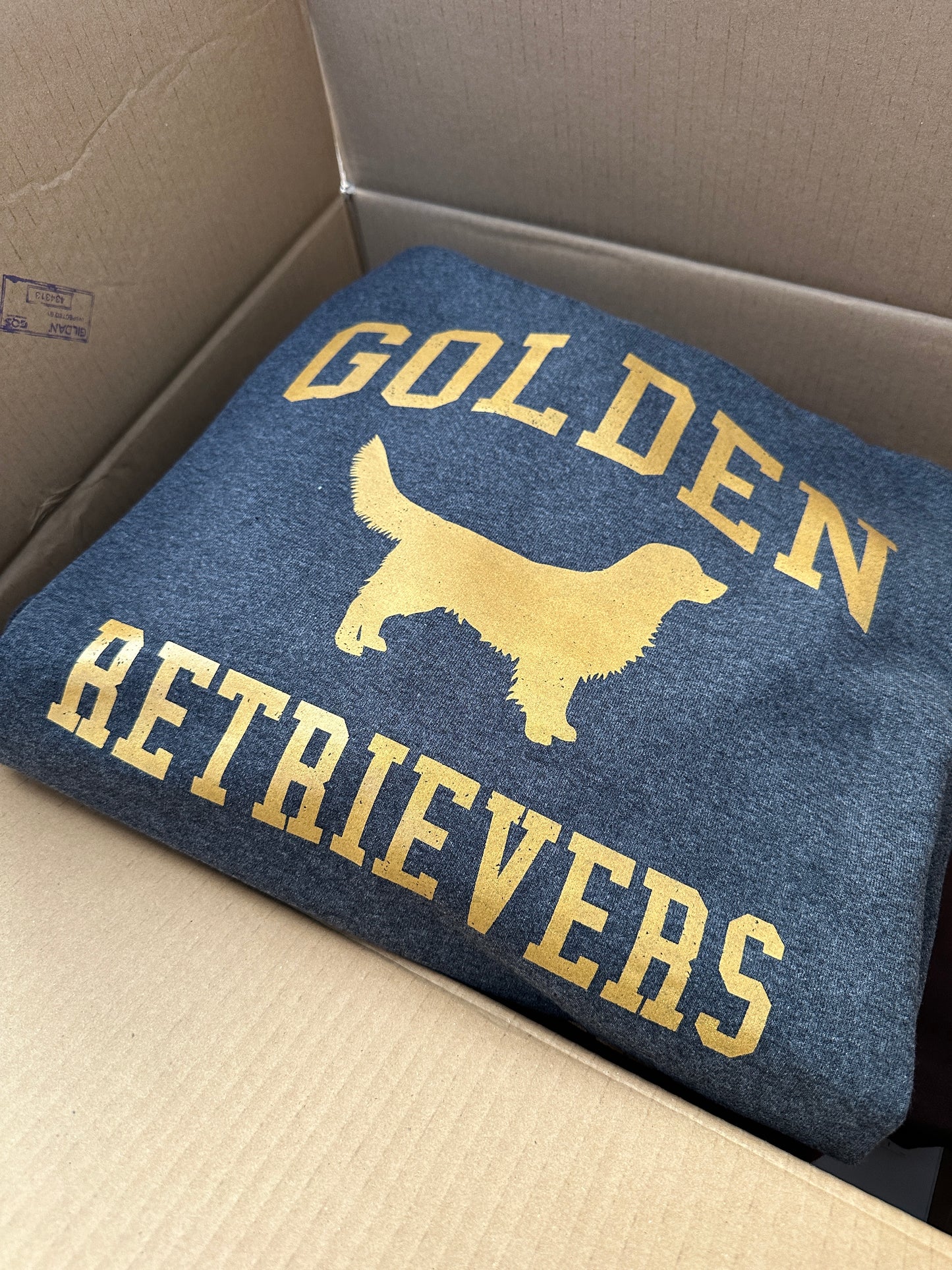 Golden Retrievers Collegiate Hoodie, Dark Heather Gray with Distressed Gold Print