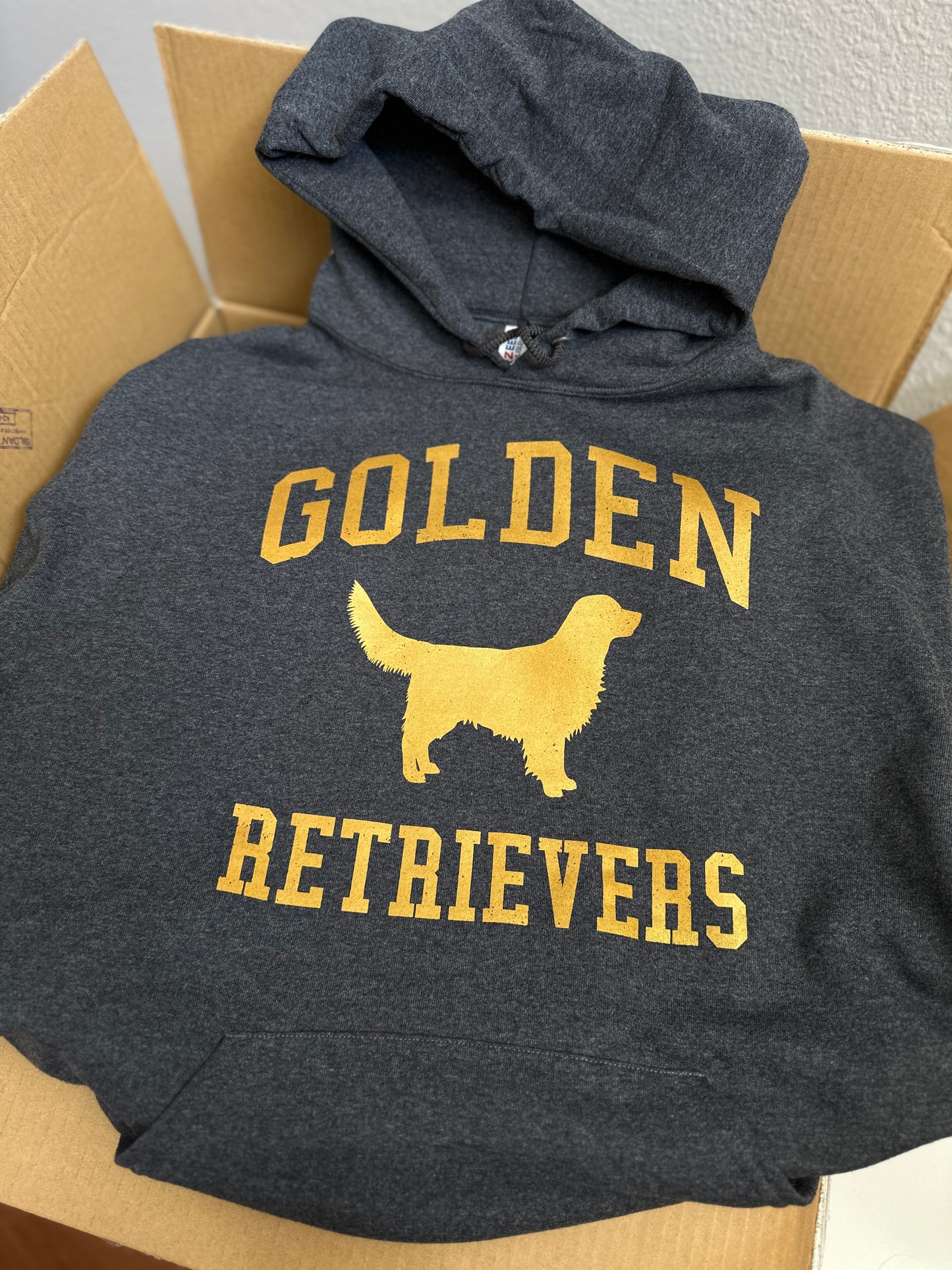 Golden Retrievers Collegiate Hoodie, Dark Heather Gray with Distressed Gold Print